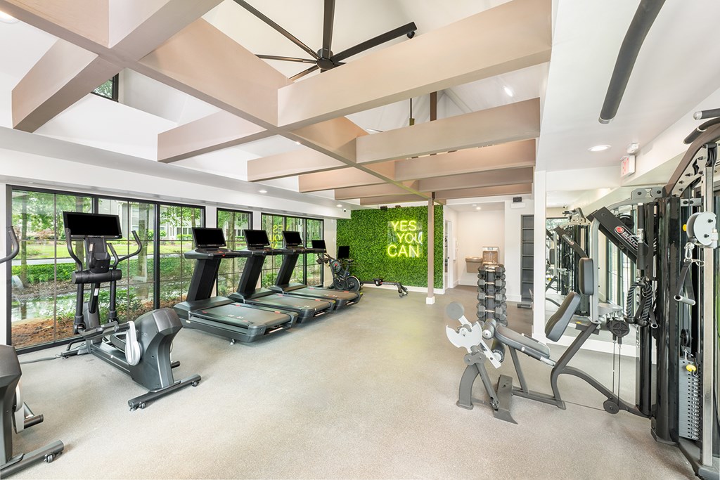 A gym with treadmills, weights, and exercise equipment.