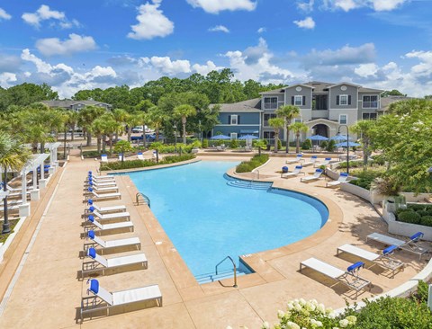 A large swimming pool with sun loungers and a building in the background.