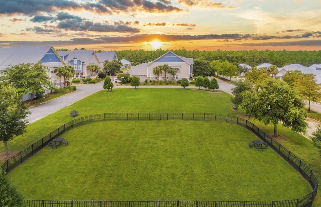 A sunset view of a large grassy field with a fence and a few trees.