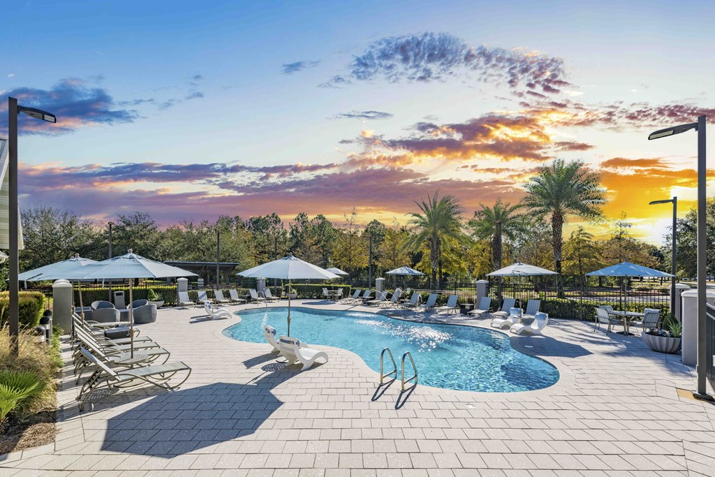 A large outdoor swimming pool surrounded by lounge chairs and umbrellas.