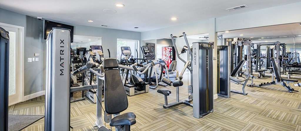 a gym with various cardio machines and other exercise equipment