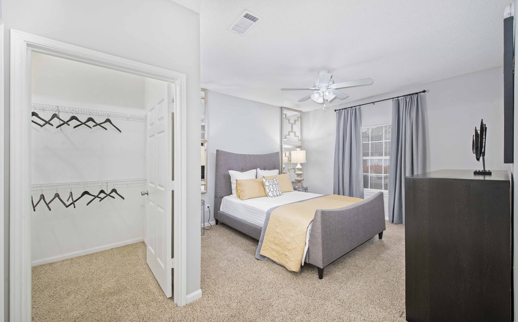 a bedroom with a bed and a closet