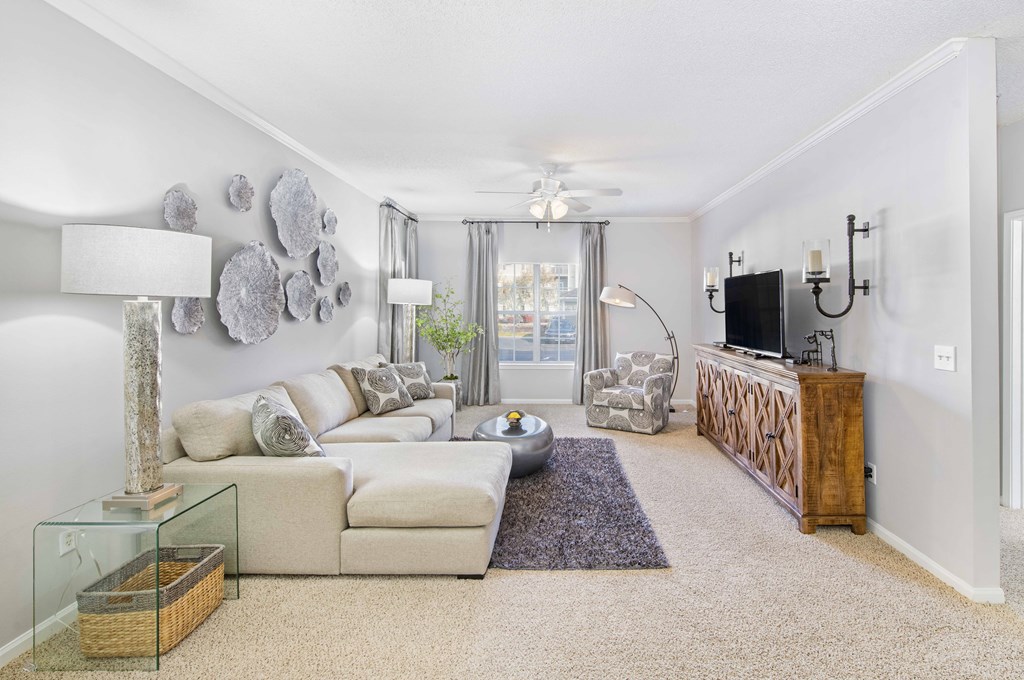 a living room with a couch and a tv