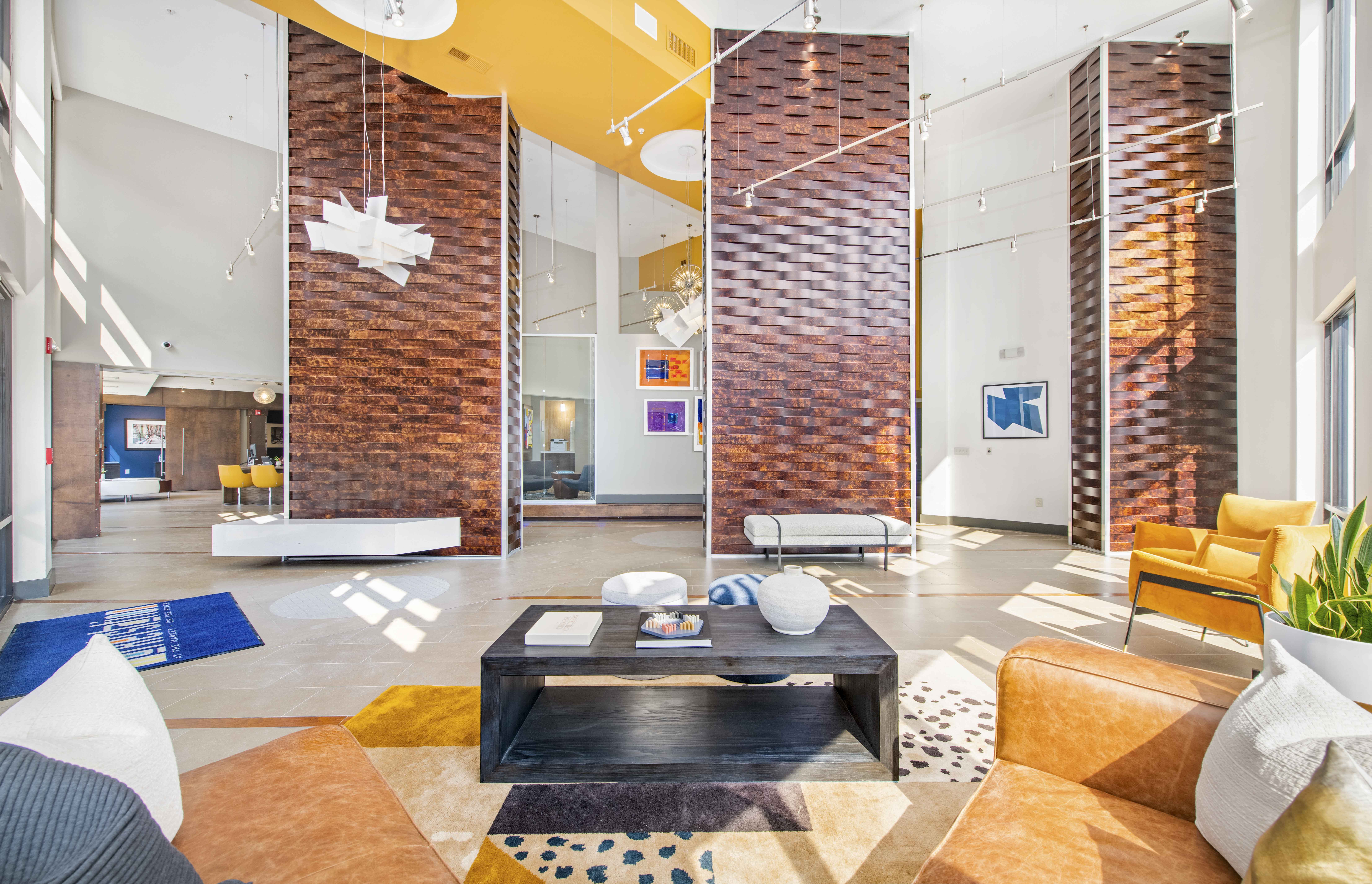 a living room with a couch and a coffee table