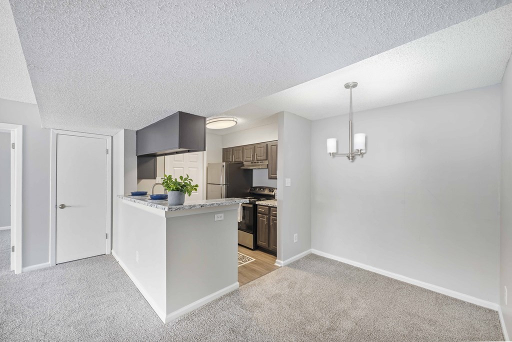 a spacious living room with a kitchen with a counter top