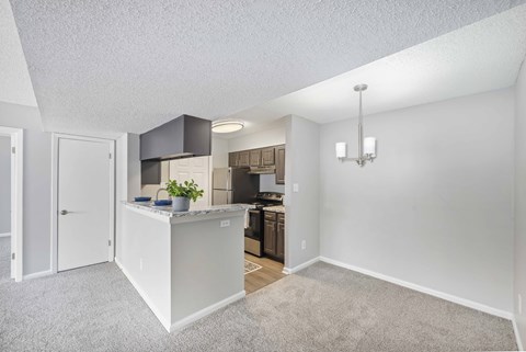 a spacious living room with a kitchen with a counter top