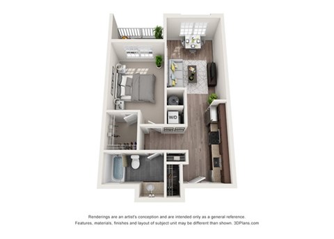 1 bedroom 1 bathroom apartment floor plan with porch/balcony