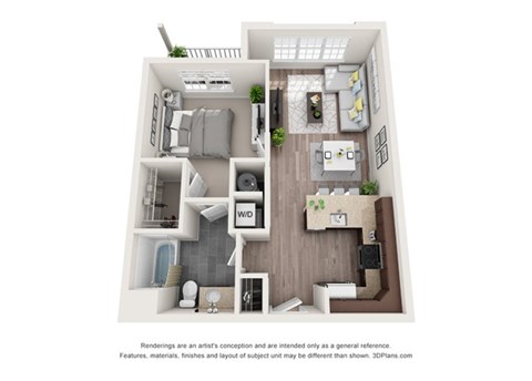 1 bedroom 1 bathroom apartment floor plan with porch/balcony