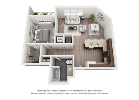 1 bedroom 1 bathroom apartment floor plan with porch/balcony