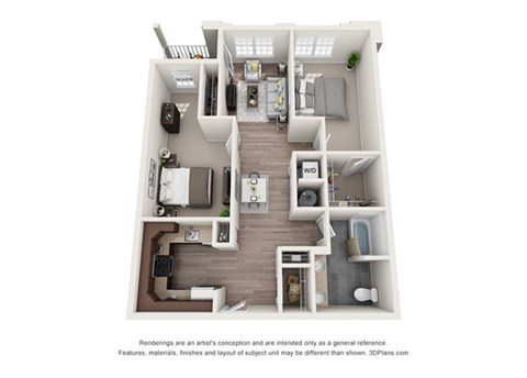 2 bedroom 1 bathroom apartment floor plan with porch/balcony