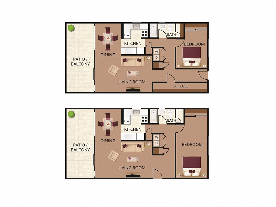 2D illustration of 1A including patio/balcony, dining, kitchen, living room, bathroom, washer/dryer, bedroom and storage