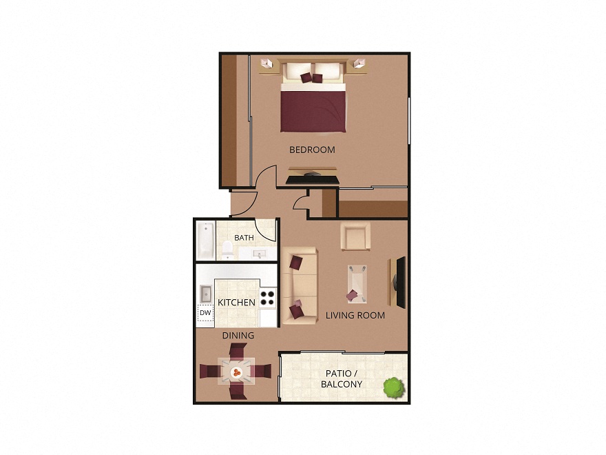 2D illustration of 1B including patio/balcony, dining, kitchen, living room, bathroom, and  bedroom
