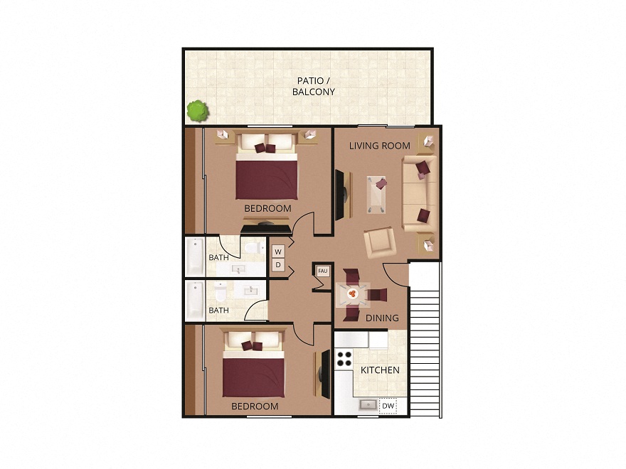 2D illustration of 2A including patio/balcony, dining, kitchen, living room, 2 baths, washer/dryer, and 2 bedroom