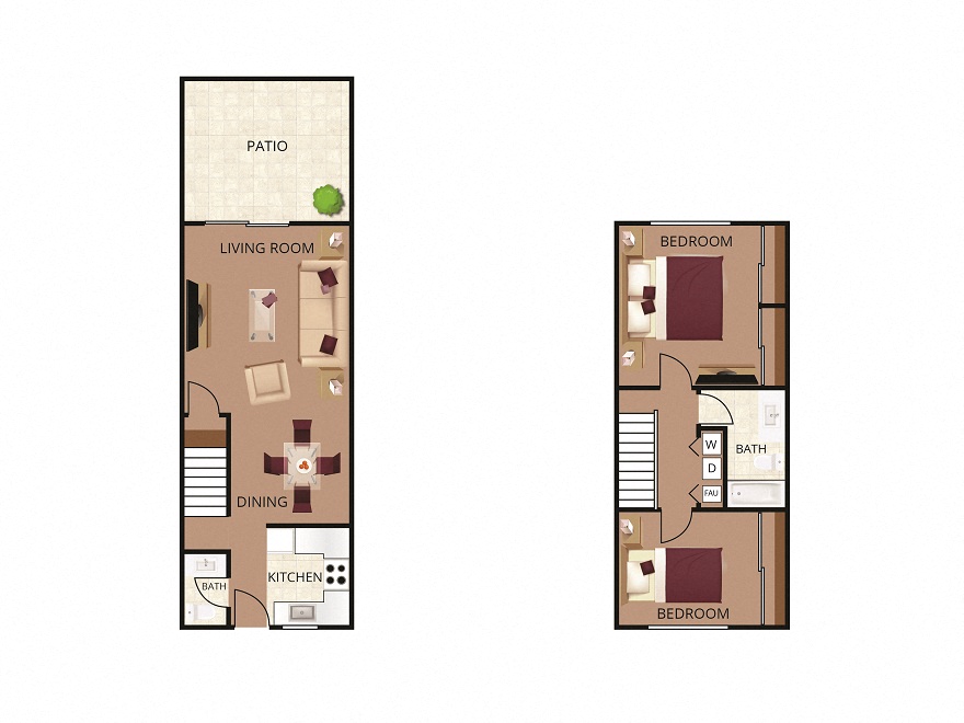 2-story, 2D illustration of 2B including patio, dining, kitchen, living room, 2 baths, washer/dryer, and 2 bedroom