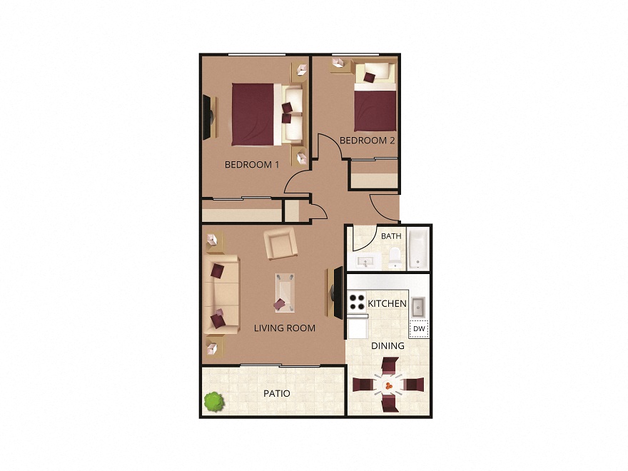 2D illustration of 2C including patio, dining, kitchen, living room, bathroom, and 2 bedrooms