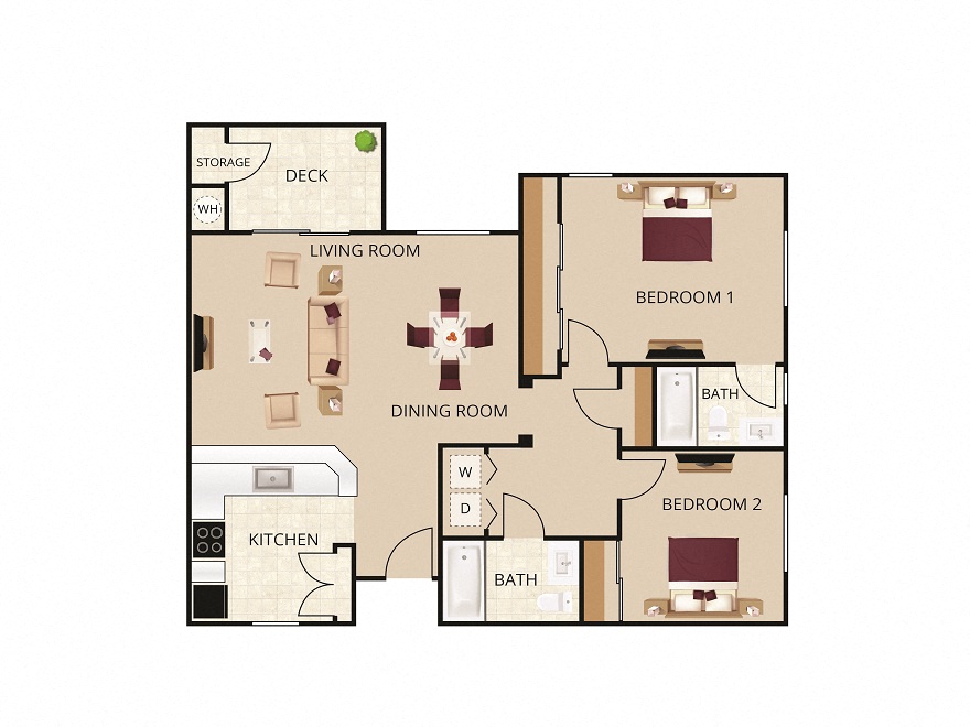 2D illustration of Park Place A including deck with storage, dining, kitchen, living room, washer/dryer, 2 baths and 2 bedrooms