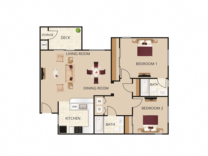2D illustration of Park Place A including deck with storage, dining, kitchen, living room, washer/dryer, 2 baths and 2 bedrooms