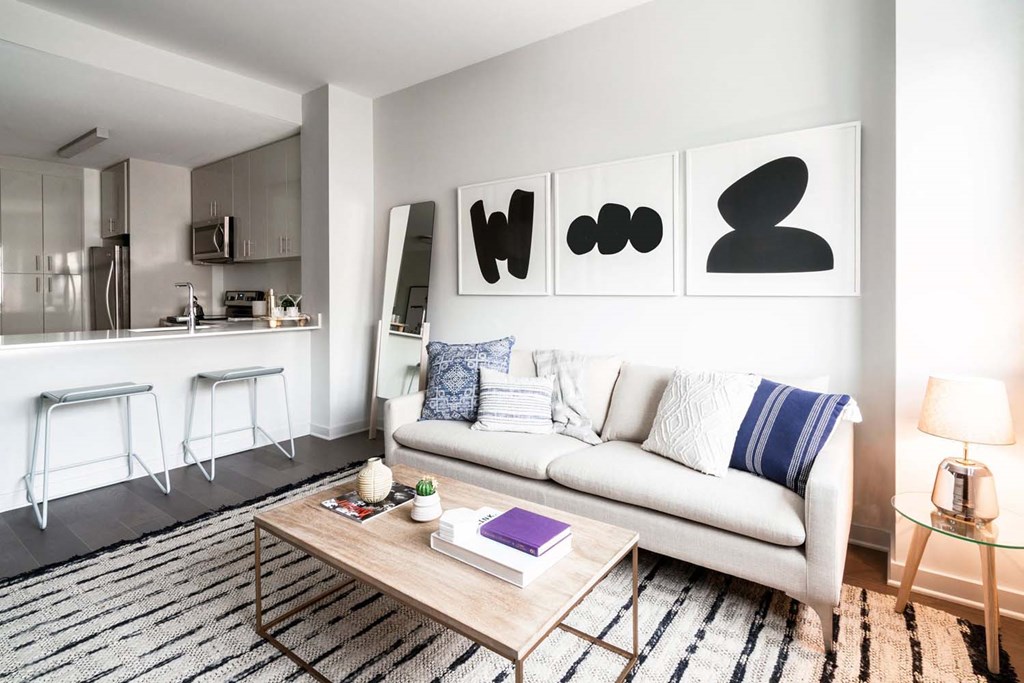 a living room with a couch and a table