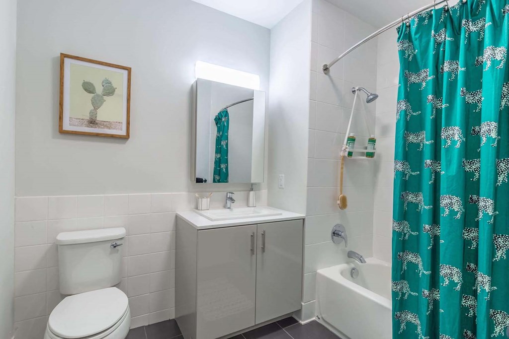 a bathroom with a shower curtain and a toilet and a sink
