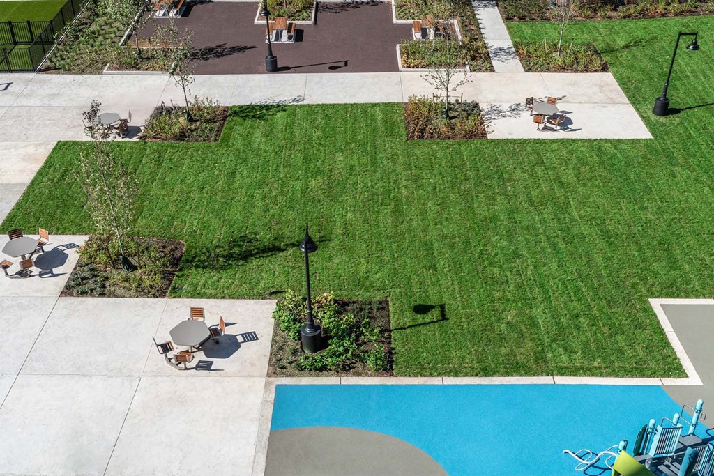 a backyard with a pool and green grass