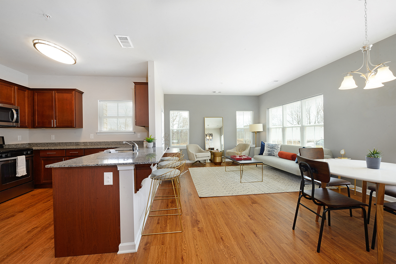 a living room with a kitchen and a dining room