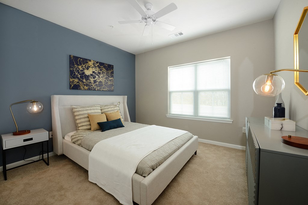 a bedroom with a white bed and a blue accent wall