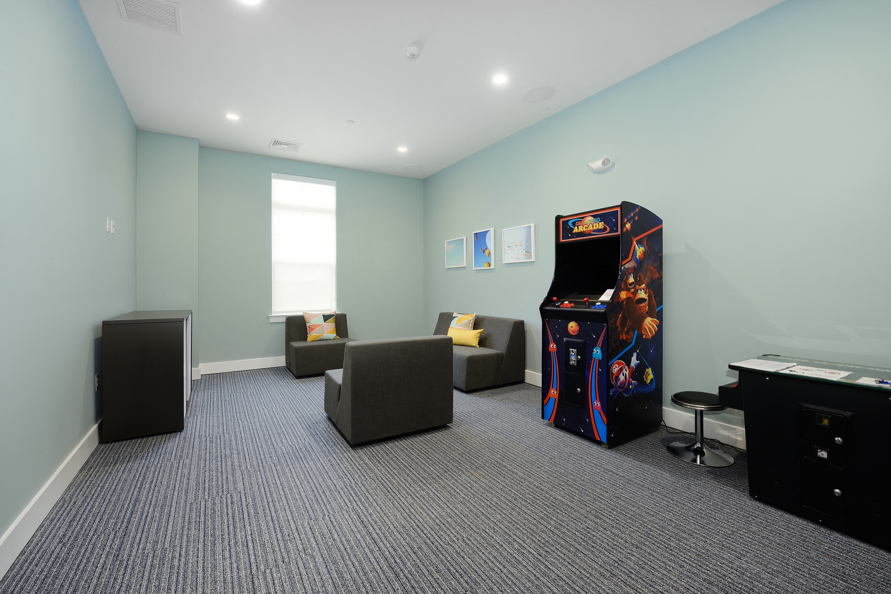 a room with couches and a video game and a arcade machine