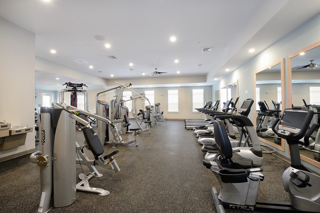 a gym with cardio equipment and weights on a carpeted floor
