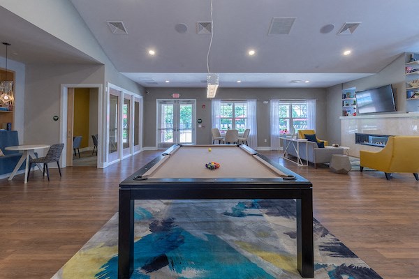 pool table in the clubhouse at the preserve at polk apartments