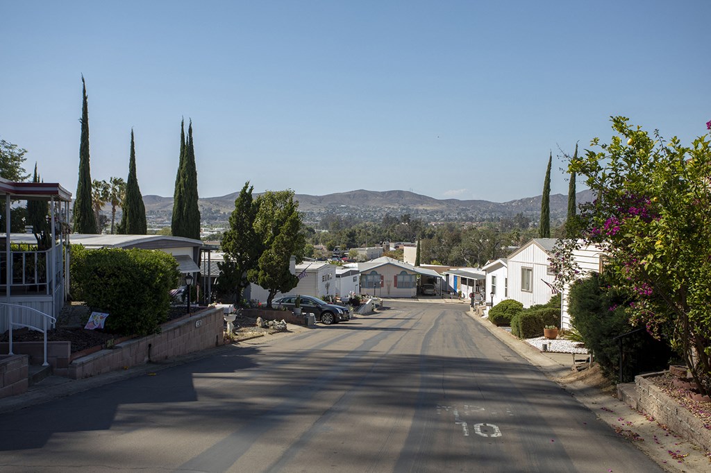 a street with houses and trees and mountains in the background