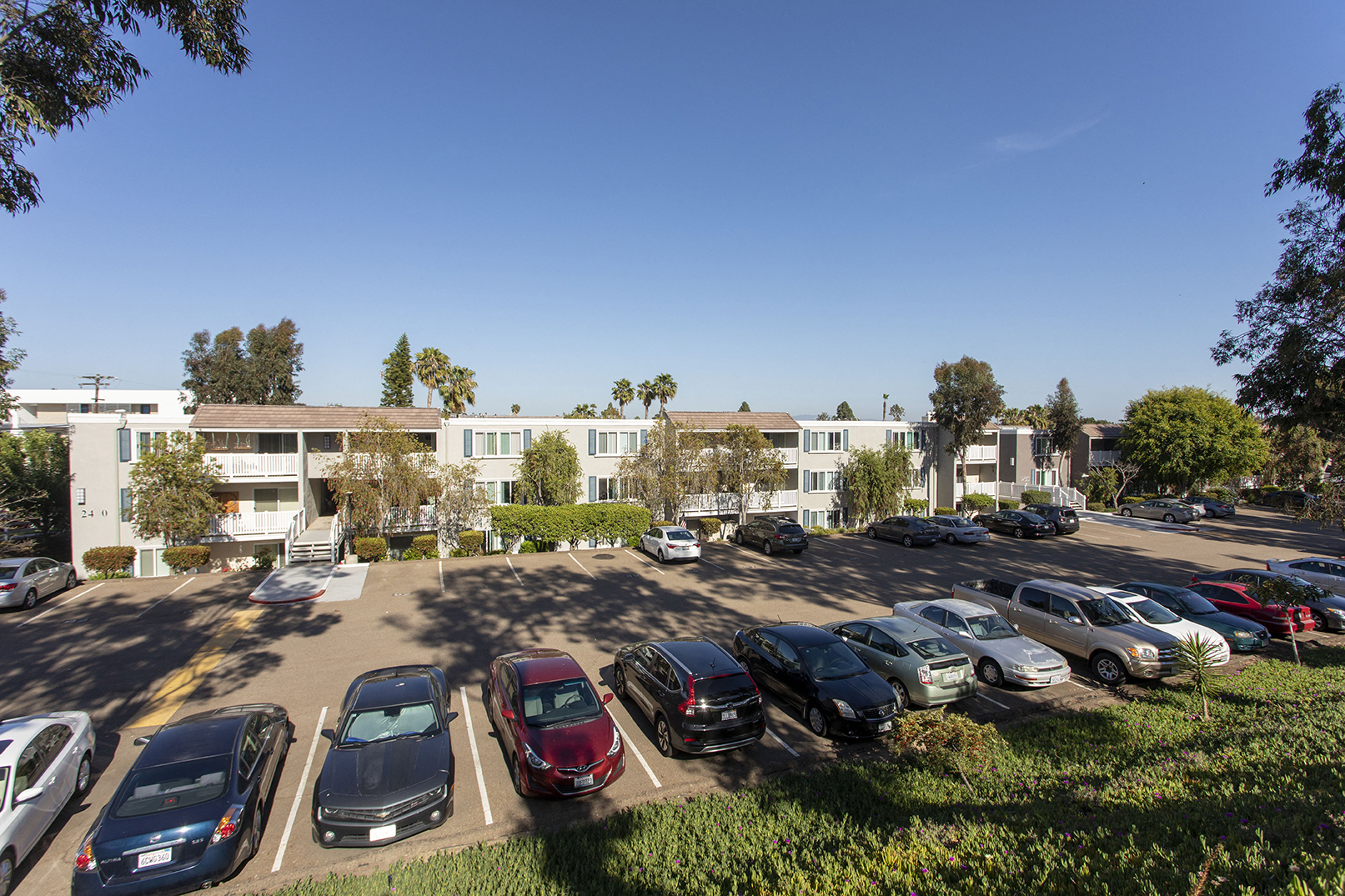overhead view of building parking lots