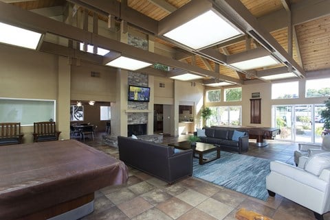 a large living room with couches and a pool table