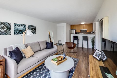 a living room with a couch and a table