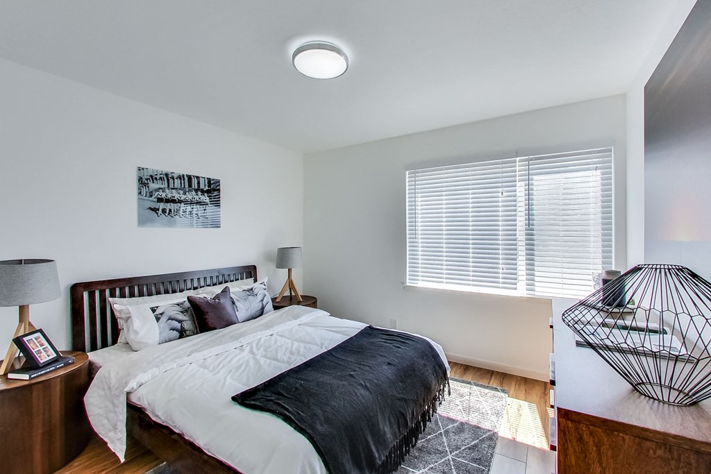 a bedroom with a bed and a window