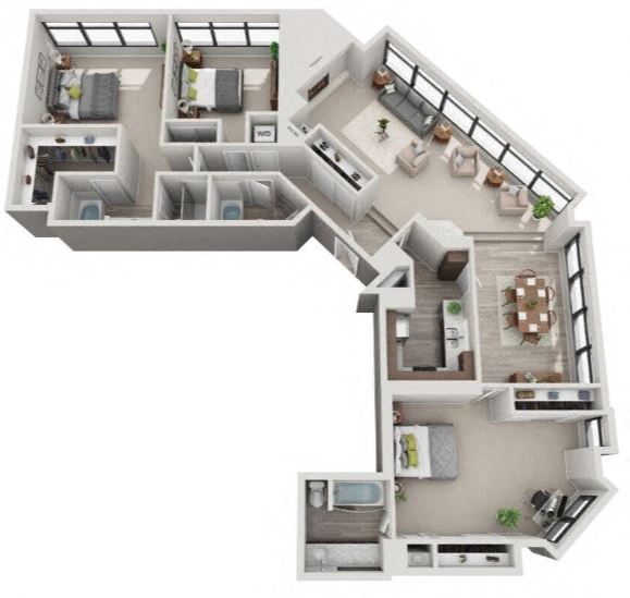 3d 3 bedroom floor plan | The Apartments at Denver Place Apartments in Denver, CO