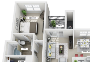 3d 1 bedroom floor plan | Greenwood Plaza Apartments in Centennial, CO