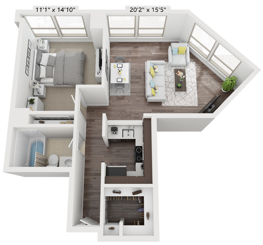 1 Bed 1 Bath Floor Plan | 652 Sq. Ft. at Presidential Towers, Chicago