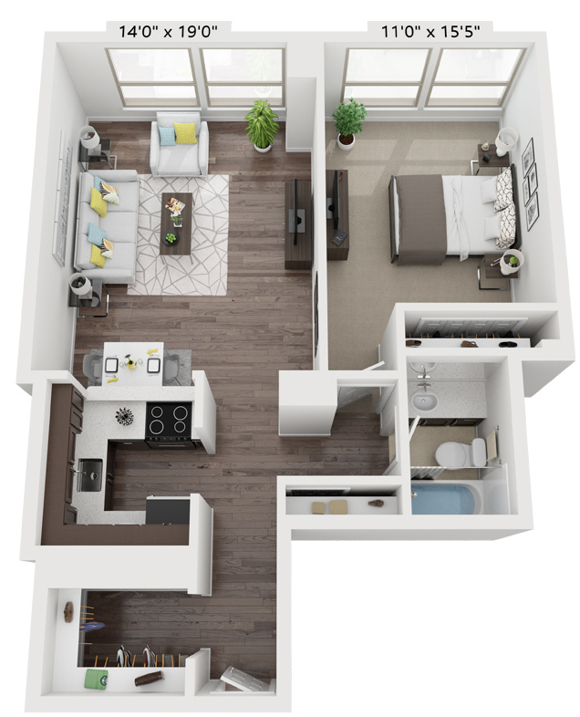 1 Bed 1 Bath Floor Plan | 718 Sq. Ft. at Presidential Towers, Chicago, IL, 60661