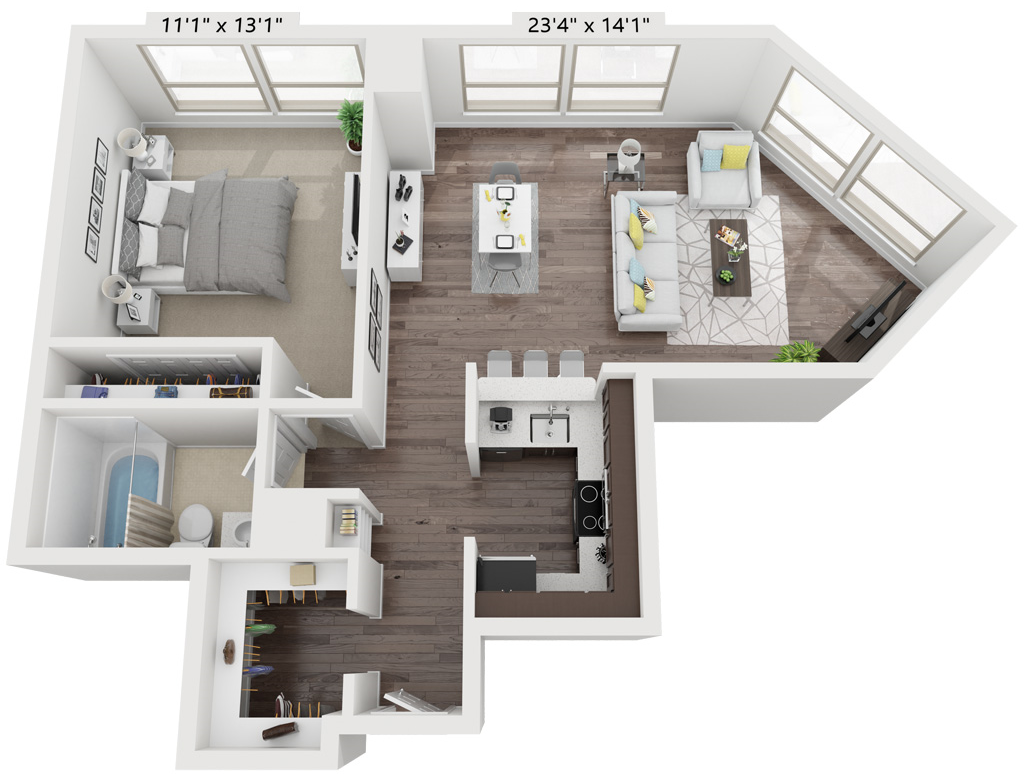 1 Bed 1 Bath Floor Plan | 669 Sq. Ft. at Presidential Towers, Illinois, 60661