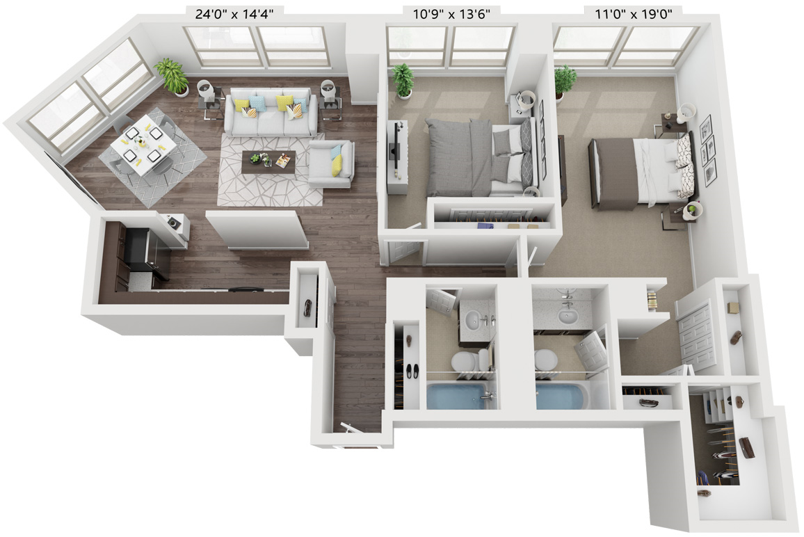 2 Bed 2 Bath Floor Plan | 1,101 Sq. Ft. at Presidential Towers, Illinois, 60661
