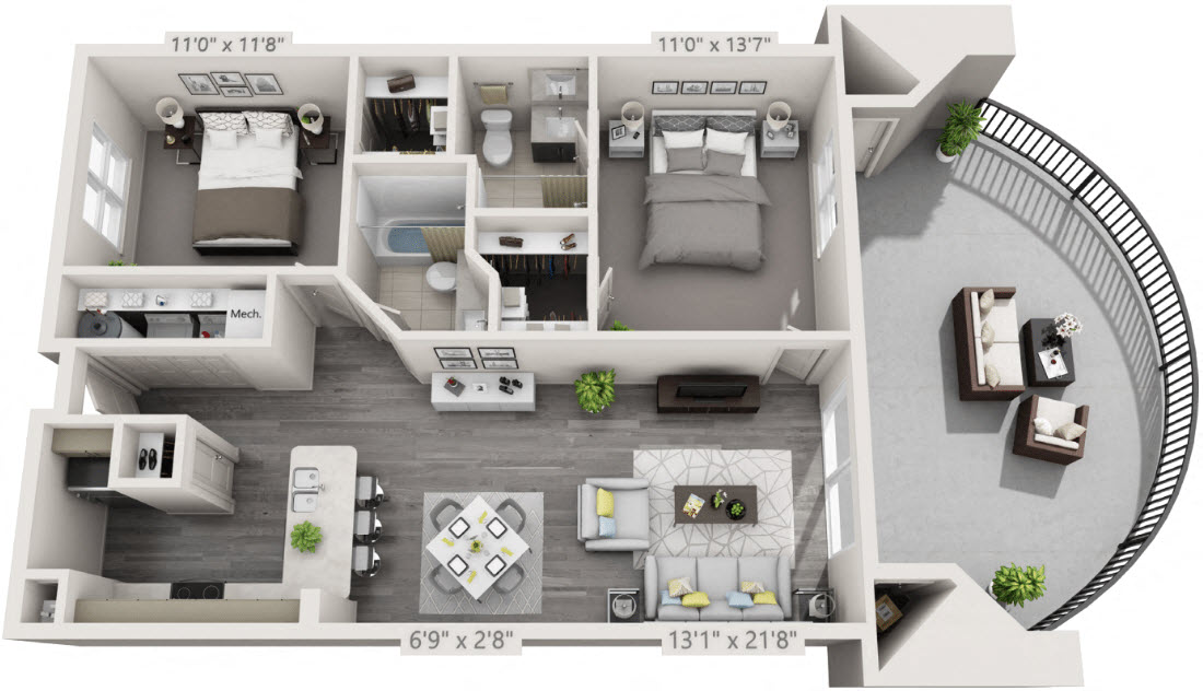 2 Bed 2 Bath Floor Plan |  1,110 Sq. Ft. at The Citizen at Shirlington Village, Arlington, VA, 22206