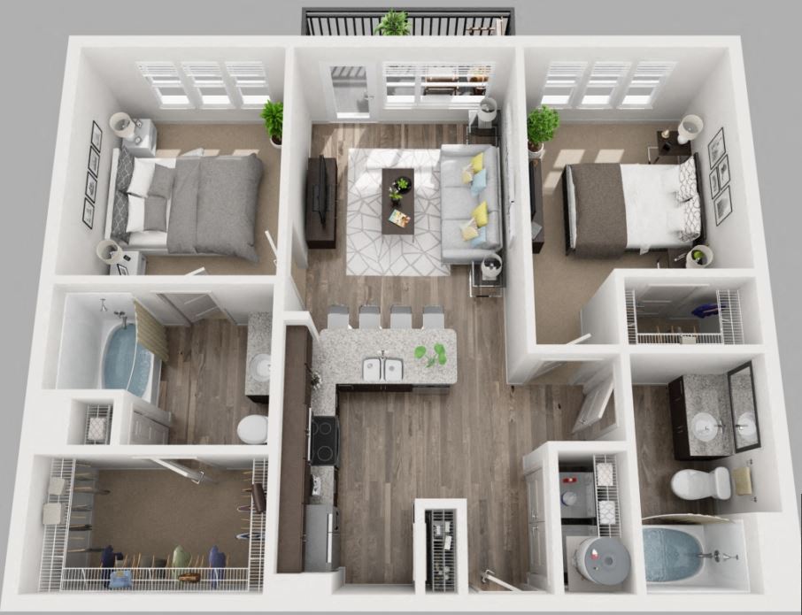 3d 2 bedroom floor plan | South Side Flats Apartments in Dallas, TX