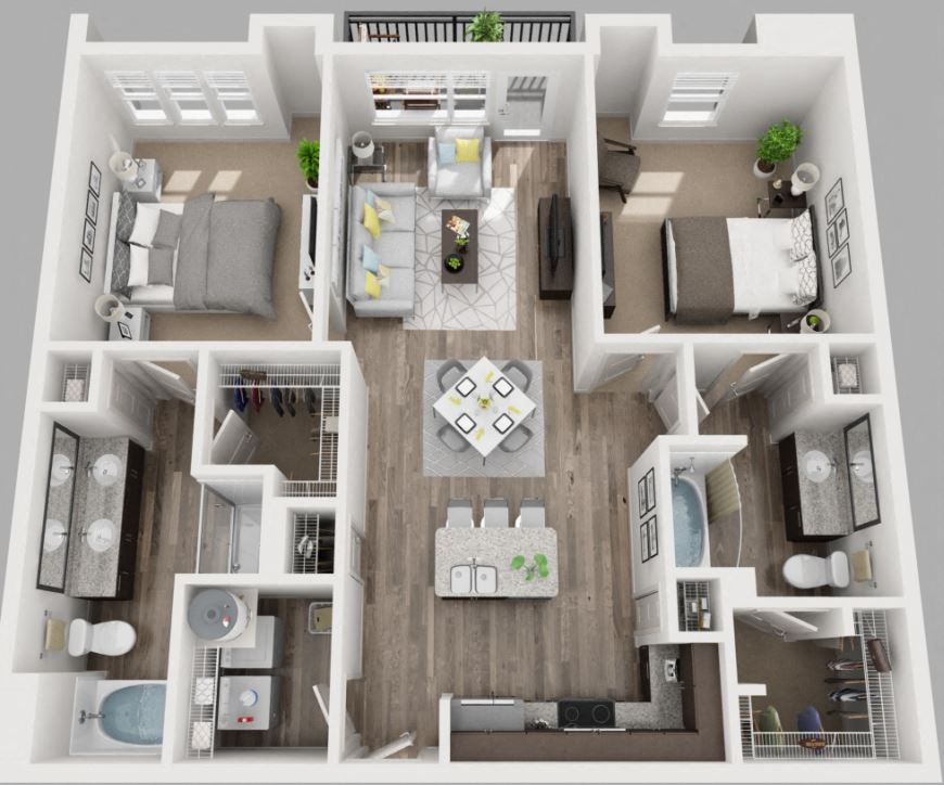 3d 2 bedroom floor plan | South Side Flats Apartments in Dallas, TX