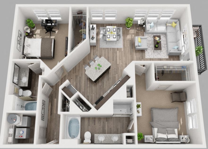 3d 1 bedroom floor plan | South Side Flats Apartments in Dallas, TX