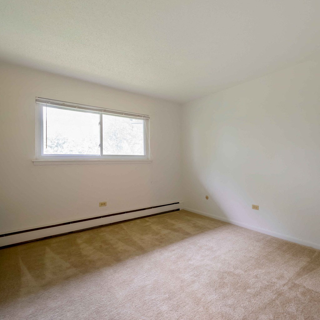 an empty room with a window and a carpet
