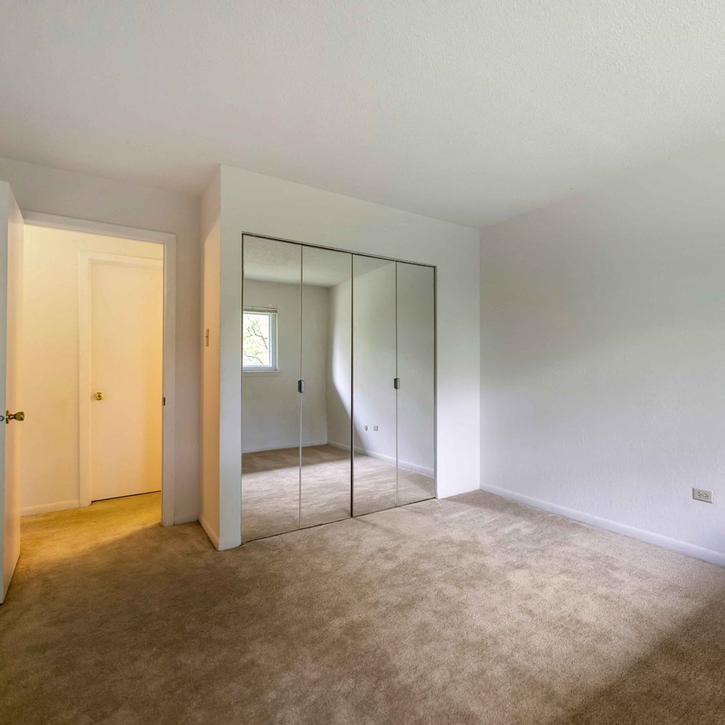 a living room with a carpet and mirrors in it