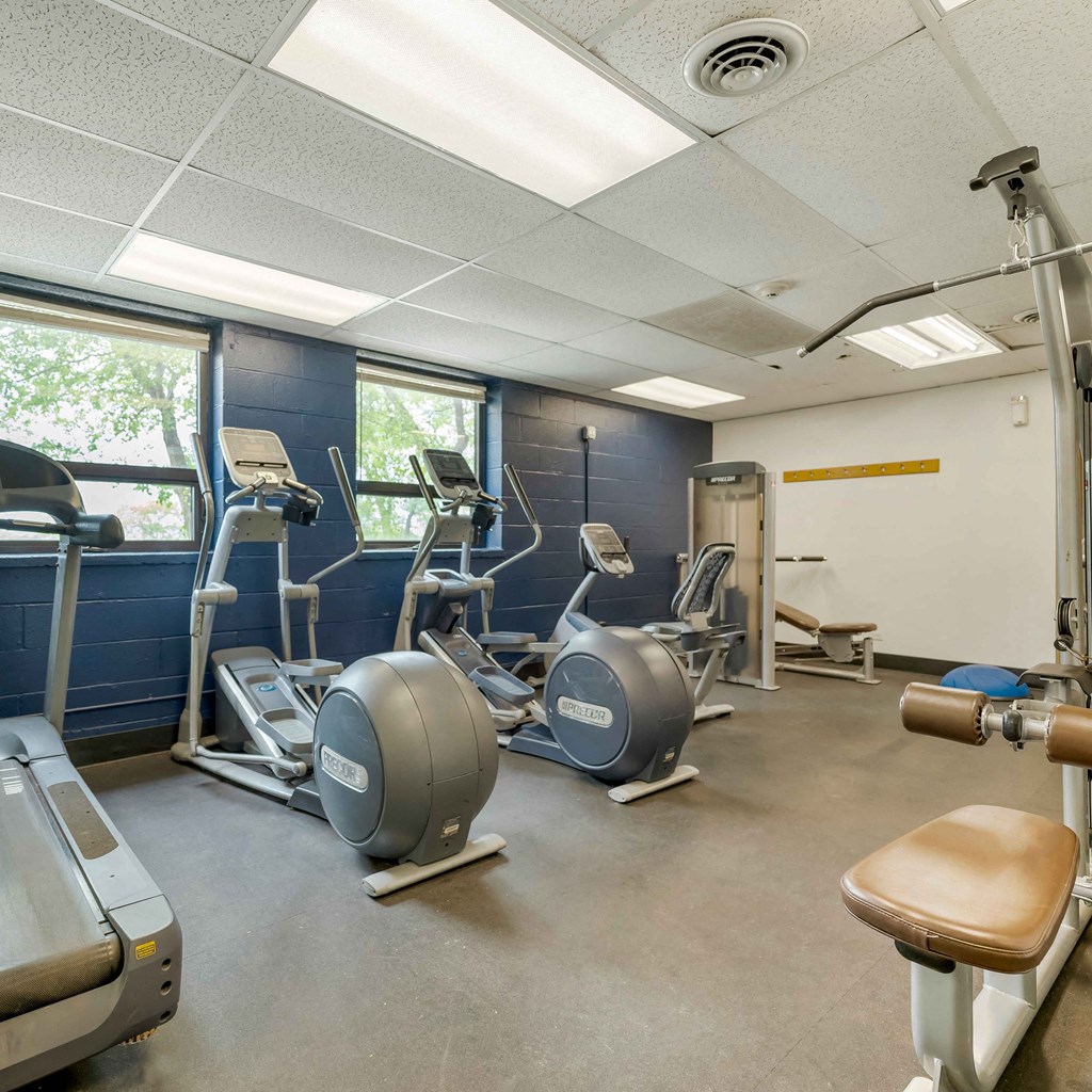 a gym with cardio equipment and weights in a building