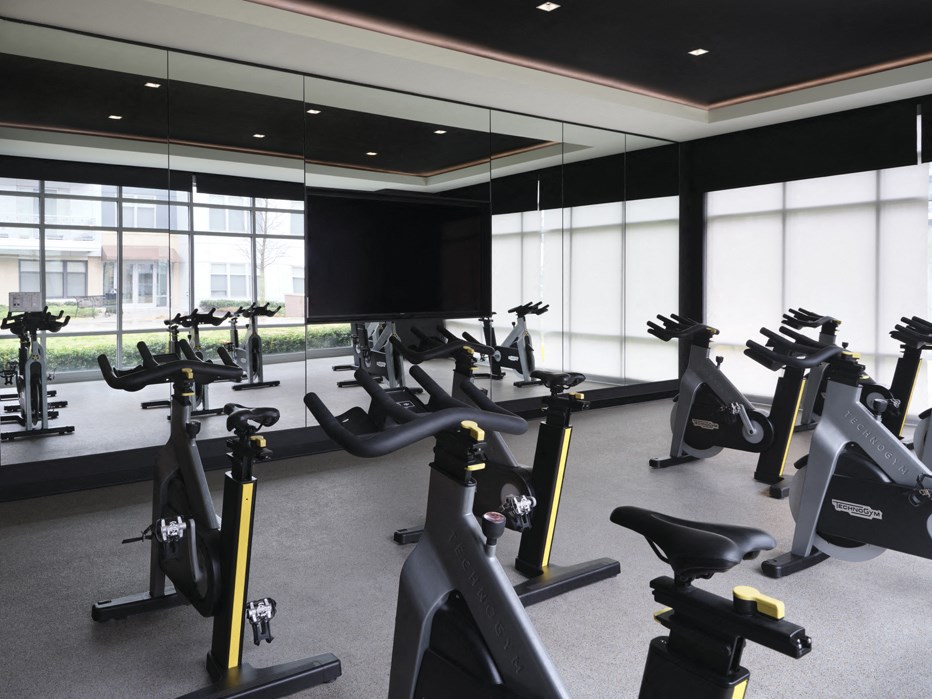 the gym has a slew of exercise bikes and a television