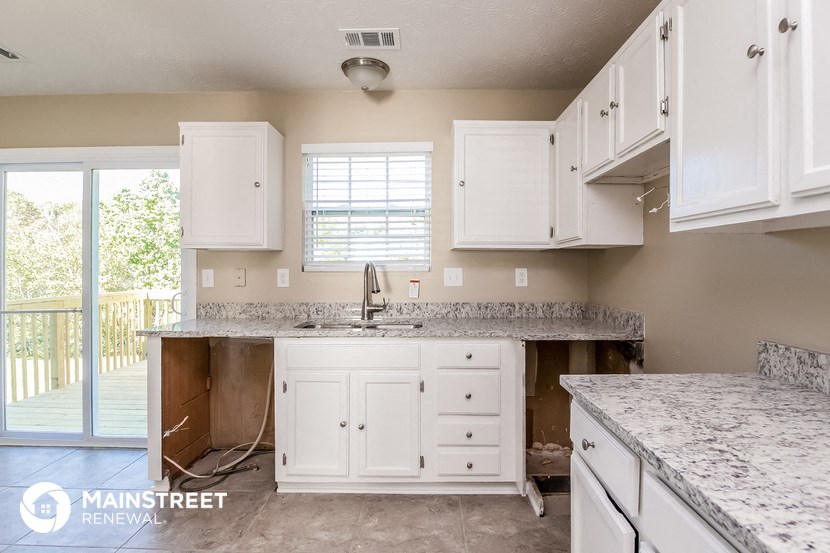 a kitchen with white cabinets and granite counter tops and a sink