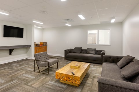 A living room with a grey couch, a grey armchair, and a wooden coffee table.